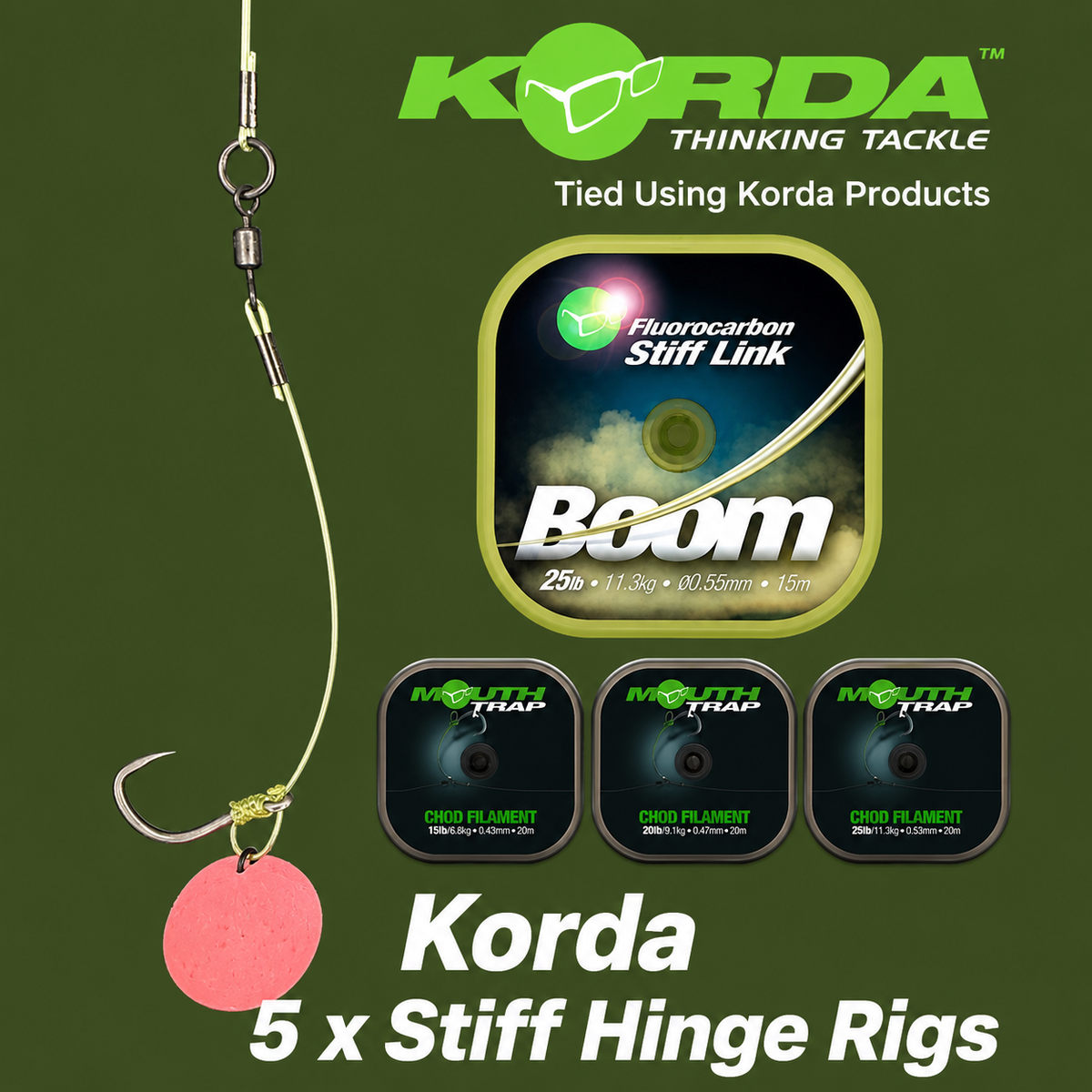 Korda 5 x Stiff Hinge Rigs Tied With Boom/Mouth Trap