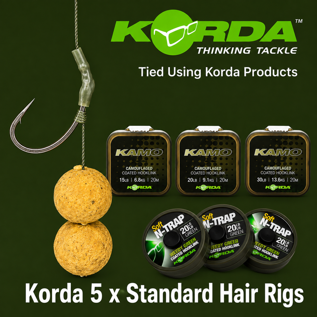 Korda 5 x Standard Hair Rigs Tied With N-Trap or Kamo Coated Braid